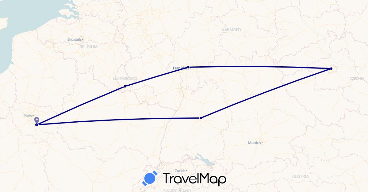 TravelMap itinerary: driving in Czech Republic, Germany, France, Luxembourg (Europe)